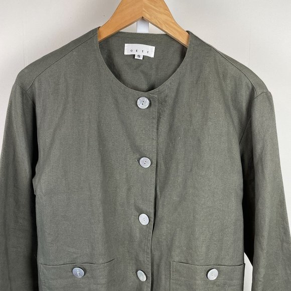 GETT Jacket Shirt Top 100% Linen Minimalist Lagenlook Olive Green Womens Small - Picture 1 of 7
